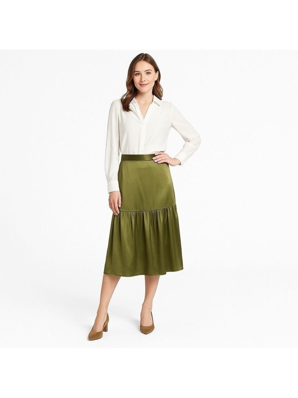 TOPSHOP PETITE Satiny Olive Green Skirt Size 4